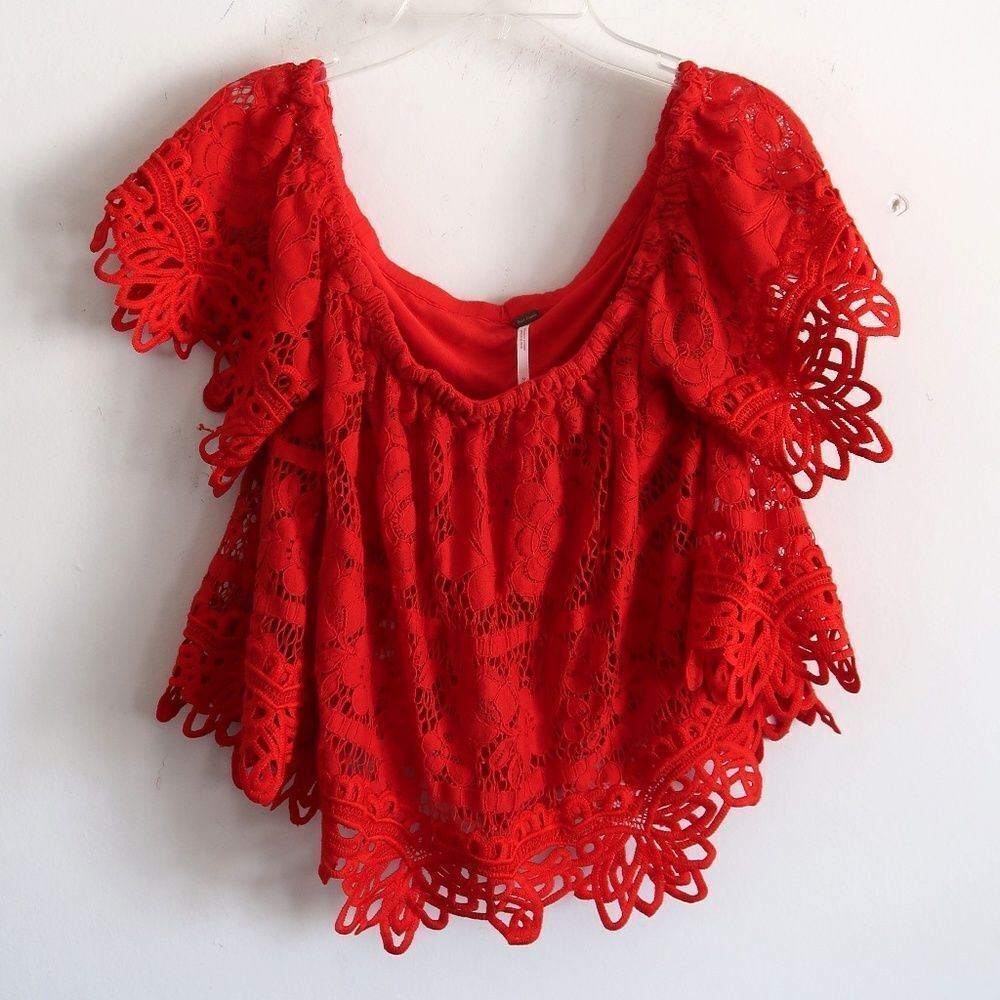 Free People Red Lace Layered Top - Size Medium